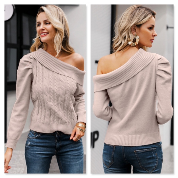 One Shoulder Cable Knit Nude Pink Sweater - Picture 3 of 11